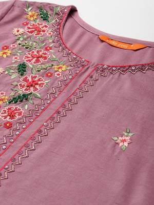 Indo Era Lavender Floral Embroidered Straight Kurta Trouser With Dupatta Set 5
