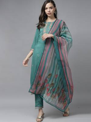 Indo Era Sea Green Floral Embroidered Straight Kurta Trouser With Dupatta Set 1