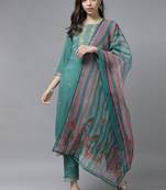 Indo Era Sea Green Floral Embroidered Straight Kurta Trouser With Dupatta Set