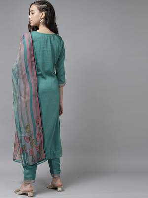Indo Era Sea Green Floral Embroidered Straight Kurta Trouser With Dupatta Set 2