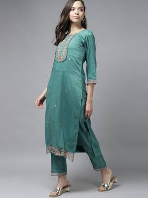 Indo Era Sea Green Floral Embroidered Straight Kurta Trouser With Dupatta Set 3