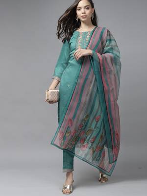 Indo Era Sea Green Floral Embroidered Straight Kurta Trouser With Dupatta Set 4