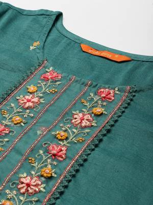 Indo Era Sea Green Floral Embroidered Straight Kurta Trouser With Dupatta Set 5