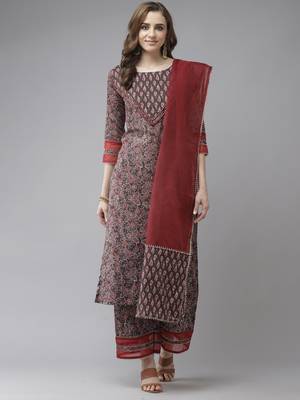 Indo Era Brown Printed Straight Kurta Palazzo With Dupatta Set 1
