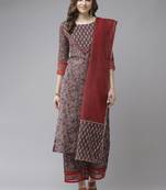 Indo Era Brown Printed Straight Kurta Palazzo With Dupatta Set