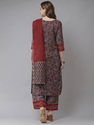 Indo Era Brown Printed Straight Kurta Palazzo With Dupatta Set 2