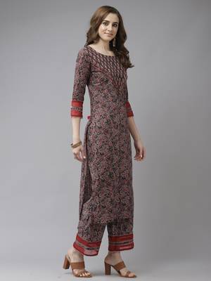 Indo Era Brown Printed Straight Kurta Palazzo With Dupatta Set 3