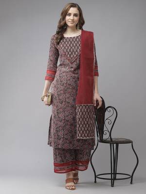 Indo Era Brown Printed Straight Kurta Palazzo With Dupatta Set 4