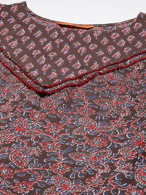 Indo Era Brown Printed Straight Kurta Palazzo With Dupatta Set 5