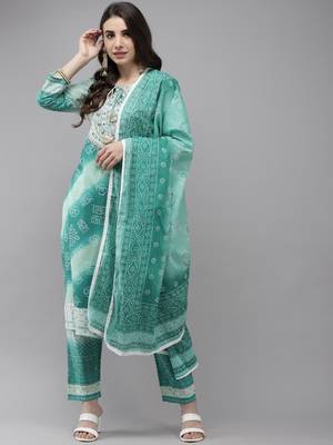 Indo Era Sea Green Bandhani Printed Straight Kurta Trouser With Dupatta Set 1