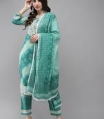 Indo Era Sea Green Bandhani Printed Straight Kurta Trouser With Dupatta Set