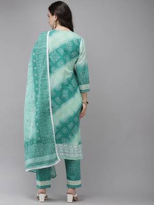 Indo Era Sea Green Bandhani Printed Straight Kurta Trouser With Dupatta Set 2