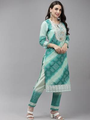 Indo Era Sea Green Bandhani Printed Straight Kurta Trouser With Dupatta Set 3