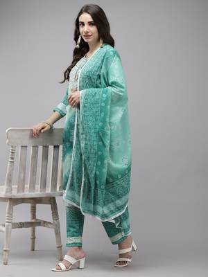 Indo Era Sea Green Bandhani Printed Straight Kurta Trouser With Dupatta Set 4
