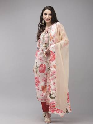 Indo Era Off White Floral Embroidered Straght Kurta Trouser With Dupatta Set 1