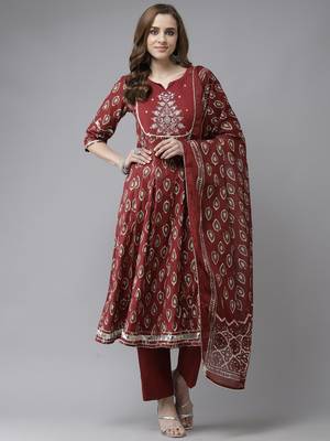 Indo Era Maroon Embroidered A-line Kurta Trouser With Dupatta Set 1