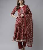 Indo Era Maroon Embroidered A-line Kurta Trouser With Dupatta Set