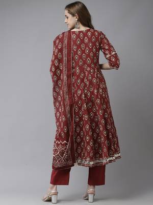 Indo Era Maroon Embroidered A-line Kurta Trouser With Dupatta Set 2