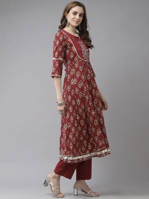 Indo Era Maroon Embroidered A-line Kurta Trouser With Dupatta Set 3