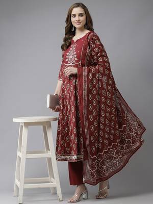 Indo Era Maroon Embroidered A-line Kurta Trouser With Dupatta Set 4