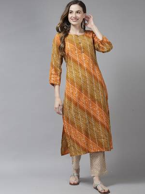 Indo Era Orange Printed Straight Kurta With Trouser Set 1