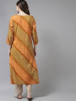 Indo Era Orange Printed Straight Kurta With Trouser Set 2