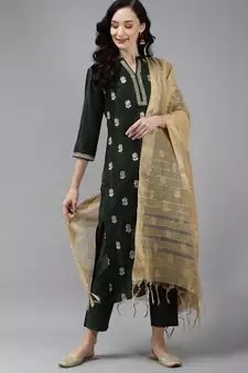 Indo Era Green Embroidered Straight Kurta Palazzo With Dupatta Set