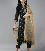 Indo Era Green Embroidered Straight Kurta Palazzo With Dupatta Set