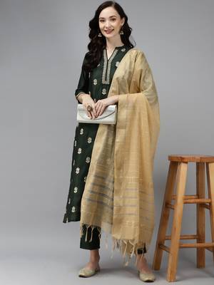 Indo Era Green Embroidered Straight Kurta Palazzo With Dupatta Set 4