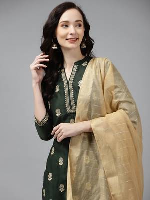 Indo Era Green Embroidered Straight Kurta Palazzo With Dupatta Set 5