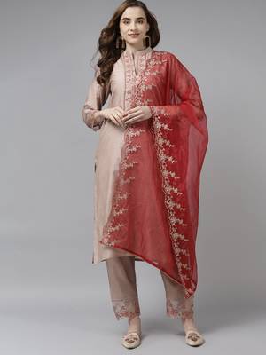 Indo Era Beige Embroidered Straight Kurta Trouser With Dupatta Set 1