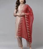 Indo Era Beige Embroidered Straight Kurta Trouser With Dupatta Set
