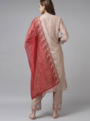 Indo Era Beige Embroidered Straight Kurta Trouser With Dupatta Set 2