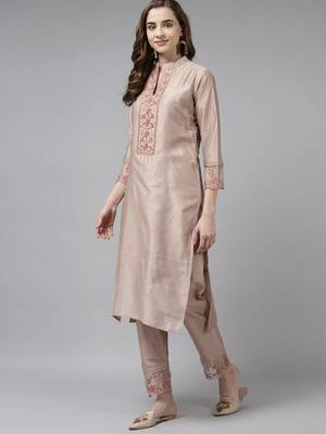 Indo Era Beige Embroidered Straight Kurta Trouser With Dupatta Set 3