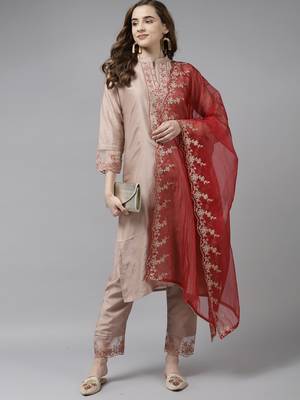 Indo Era Beige Embroidered Straight Kurta Trouser With Dupatta Set 4