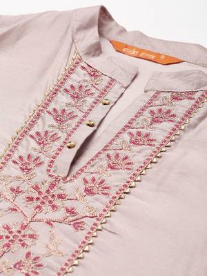 Indo Era Beige Embroidered Straight Kurta Trouser With Dupatta Set 5