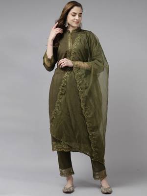 Indo Era Green Embroidered Straight Kurta Trouser With Dupatta Set 1