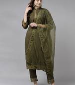Indo Era Green Embroidered Straight Kurta Trouser With Dupatta Set