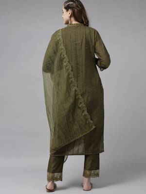 Indo Era Green Embroidered Straight Kurta Trouser With Dupatta Set 2