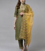 Indo Era Green Embroidered Straight Kurta Trouser With Dupatta Set