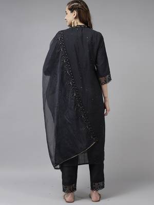 Indo Era Grey Embroidered Straight Kurta Trouser With Dupatta Set 2