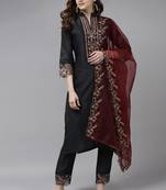 Indo Era Grey Embroidered Straight Kurta Trouser With Dupatta Set