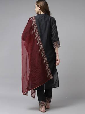 Indo Era Grey Embroidered Straight Kurta Trouser With Dupatta Set 2