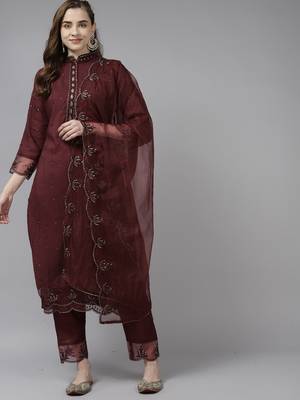 Indo Era Mauve Embroidered Straight Kurta Trouser With Dupatta Set 1