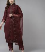 Indo Era Mauve Embroidered Straight Kurta Trouser With Dupatta Set
