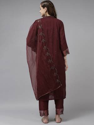 Indo Era Mauve Embroidered Straight Kurta Trouser With Dupatta Set 2