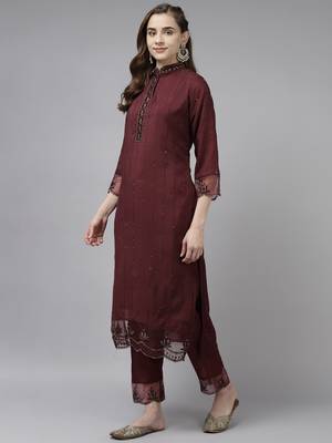 Indo Era Mauve Embroidered Straight Kurta Trouser With Dupatta Set 3