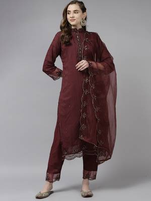 Indo Era Mauve Embroidered Straight Kurta Trouser With Dupatta Set 4