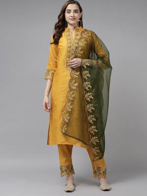 Indo Era Yellow Embroidered Straight Kurta Trouser With Dupatta Set 1