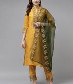Indo Era Yellow Embroidered Straight Kurta Trouser With Dupatta Set